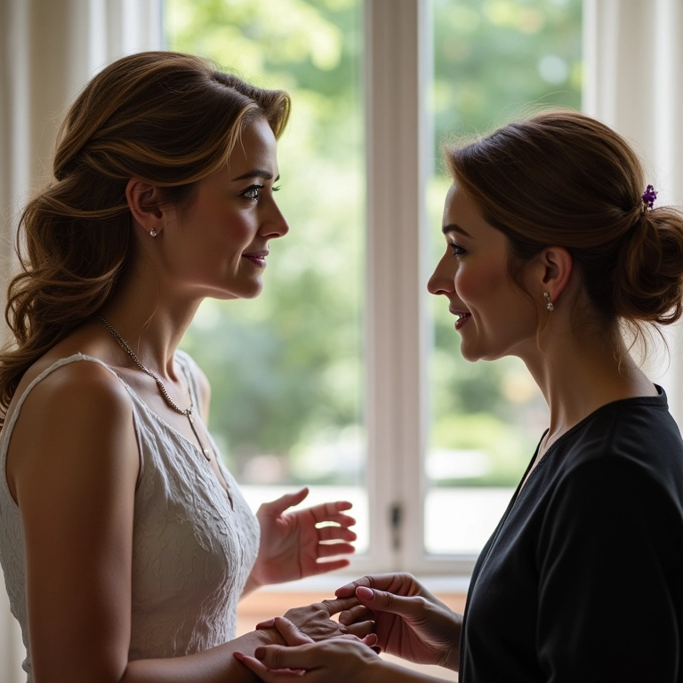 Mãe da noiva escolhendo o penteado ideal com a ajuda de um profissional.