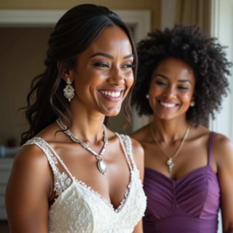 Mãe da noiva experimentando acessórios que valorizam seu tipo físico.