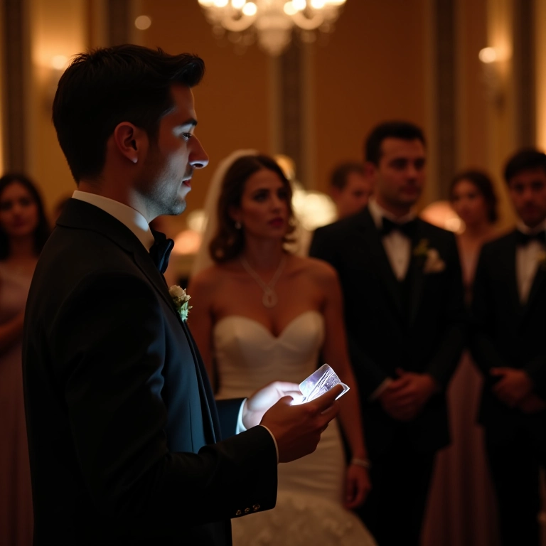 Mágico realizando truques de perto em um casamento com público surpreso.