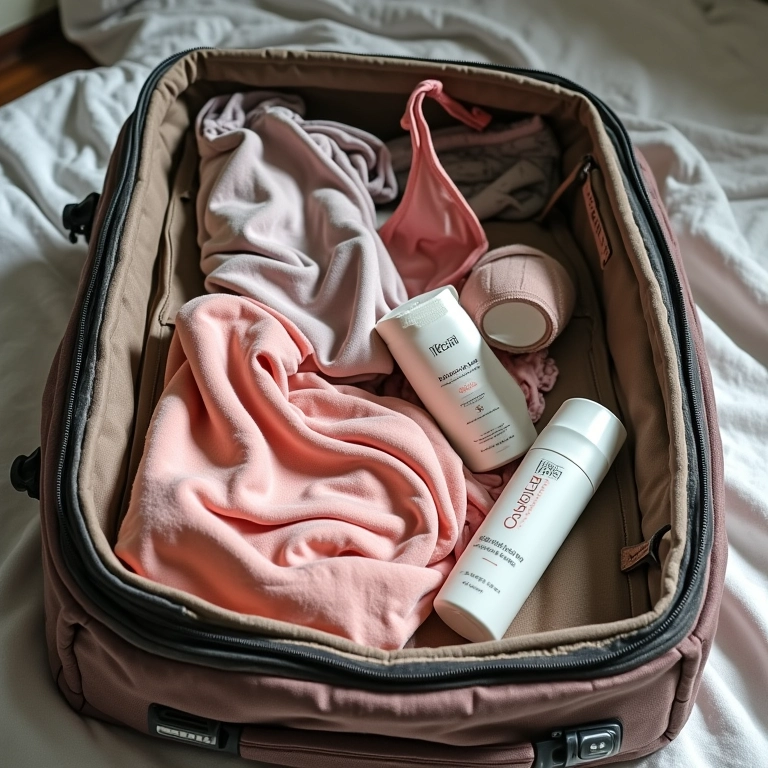 Mala aberta com itens essenciais para lua de mel relaxante em spa.
