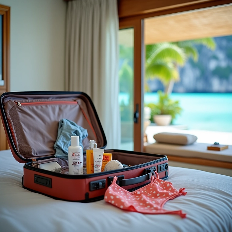 Mala aberta com itens essenciais para viagem em Phi Phi.