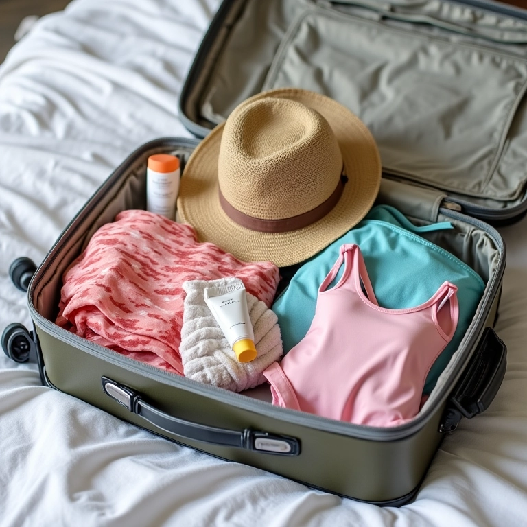 Mala aberta com roupas de verão, protetor solar e chapéu.
