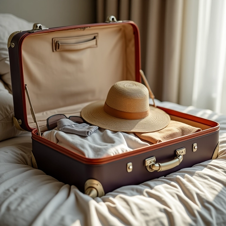 Mala aberta com roupas para o Egito: tecidos leves, chapéu de sol e óculos de sol.