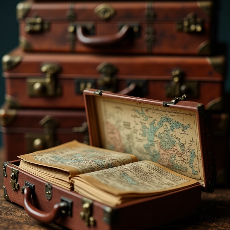 Malas vintage abertas revelando mapas antigos e diários de viagem.