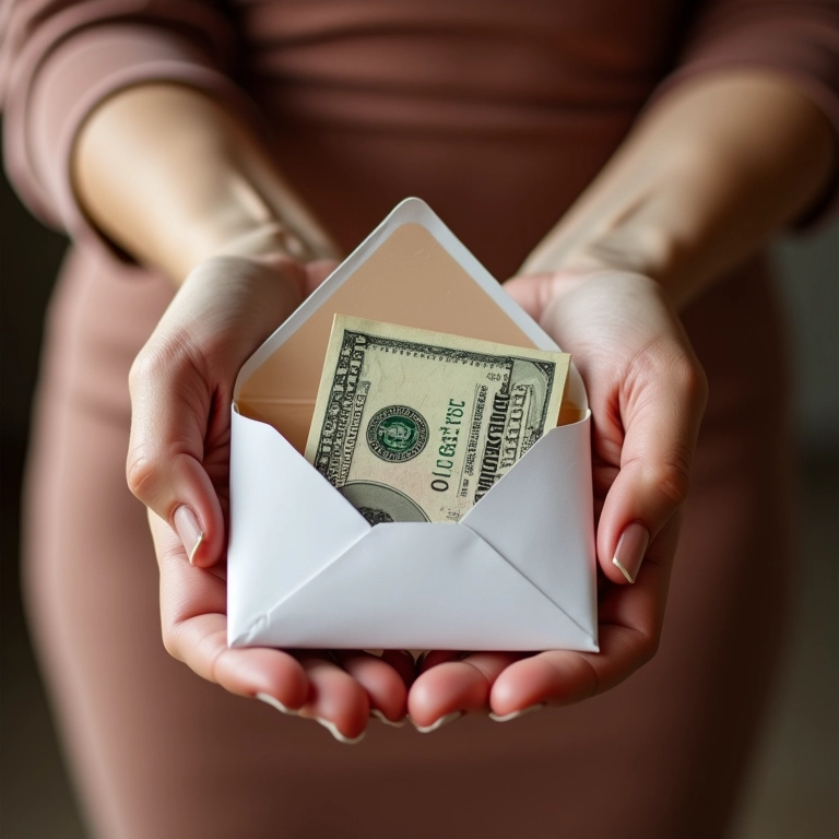 Mão colocando dinheiro em um envelope decorado para presente de casamento.