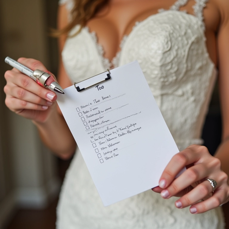 Mão de noiva segurando lista de detalhes importantes sobre o vestido de noiva sob medida.