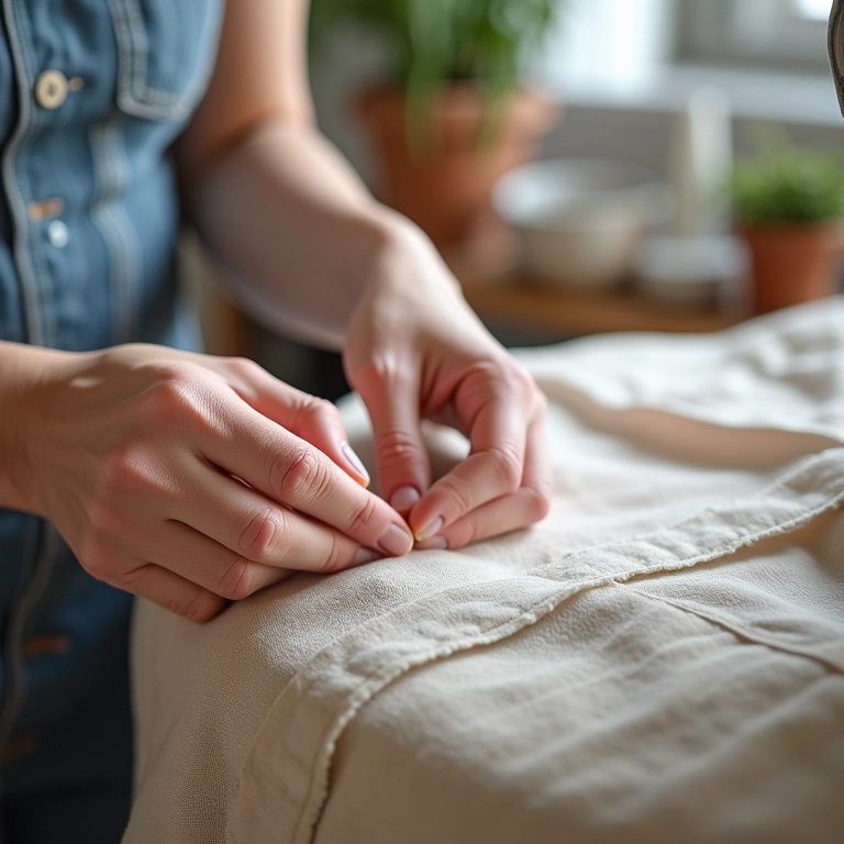Mãos costurando uma capa de cadeira personalizada.