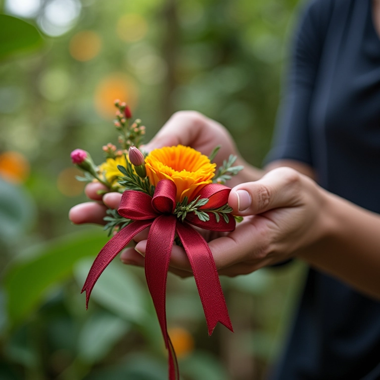 Mãos criando um corsage DIY com flores e fitas.