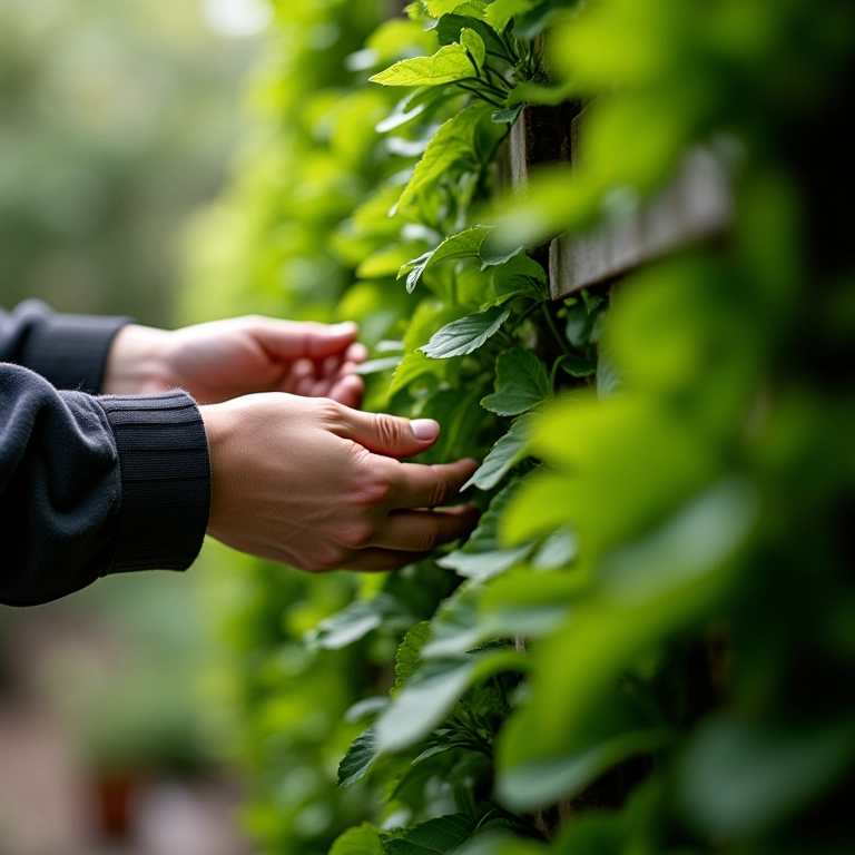 Mãos cuidando de um jardim vertical.