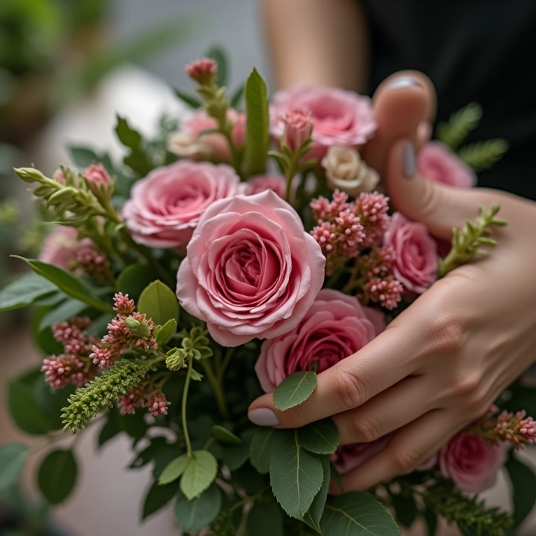 Mãos de designer floral criando um buquê com expertise.