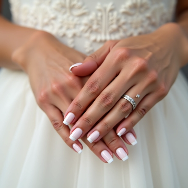 Mãos de noiva com francesinha clássica impecável.