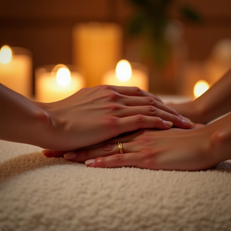Mãos de um casal entrelaçadas durante massagem em spa.