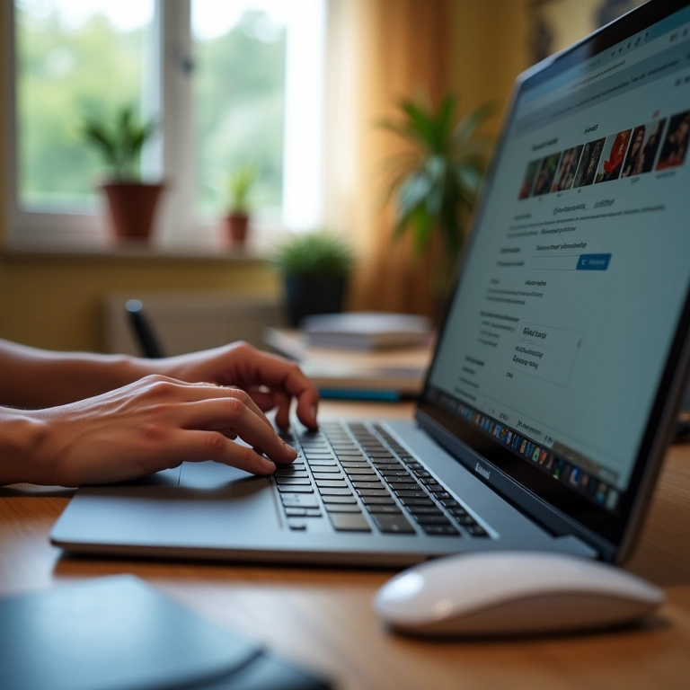 Mãos digitando em laptop com perguntas sobre fotografia na barra de pesquisa.