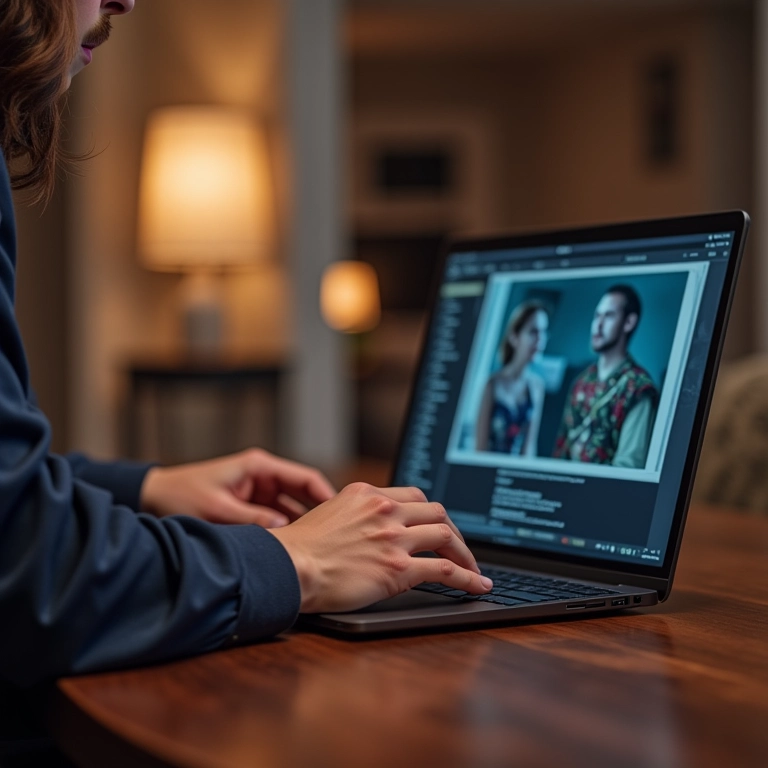Mãos digitando em laptop durante casamento virtual com expressão preocupada.