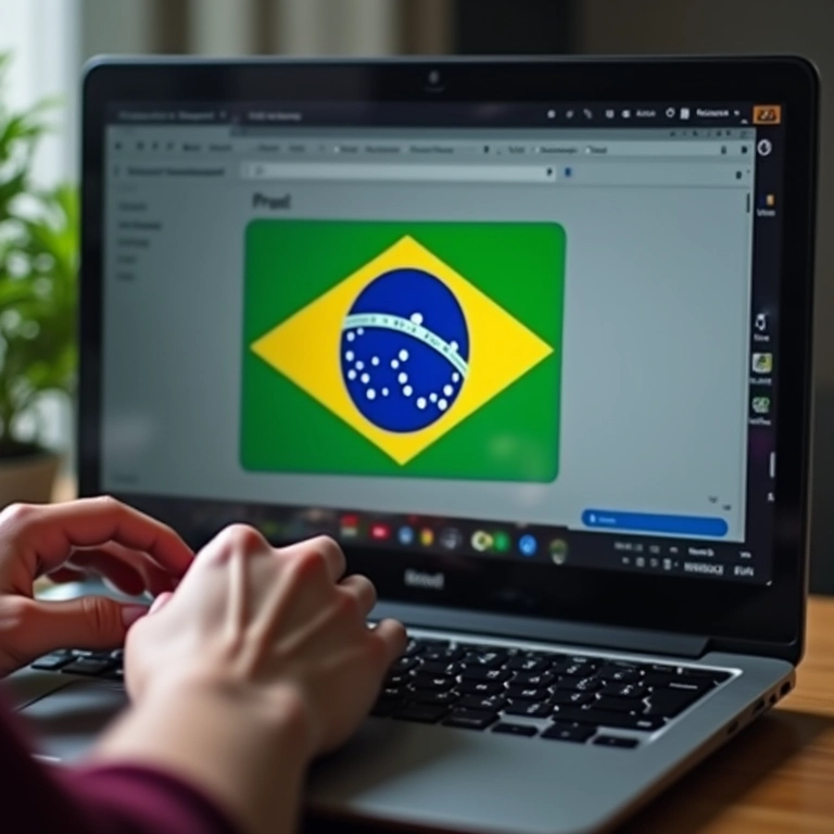 Mãos digitando em um laptop pesquisando 'aluguel de moving head'.