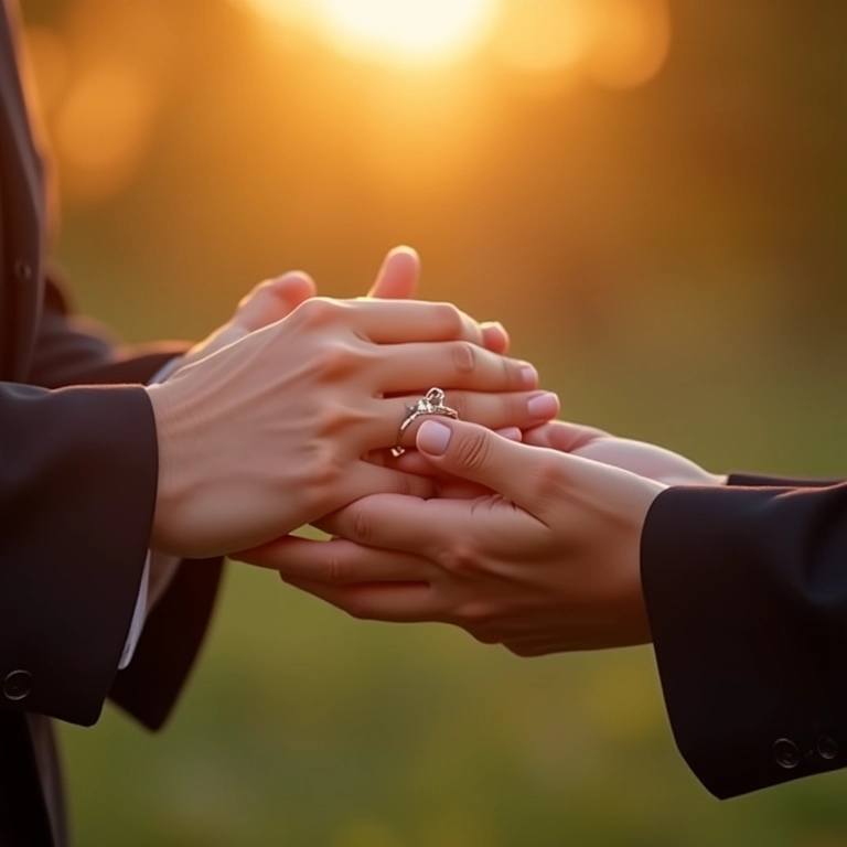 Mãos do oficiante abençoando alianças durante cerimônia de casamento.
