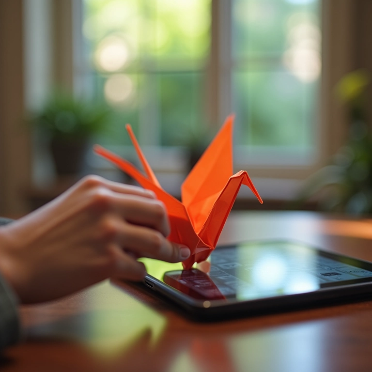 Mãos dobrando um origami de tsuru com tutorial em tablet.