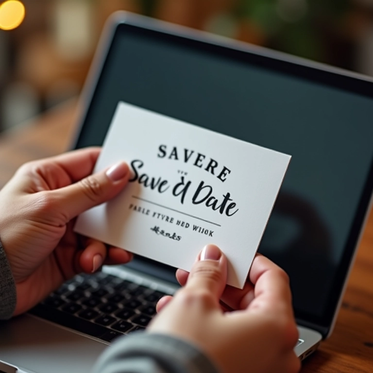 Mãos enviando Save the Date por email.
