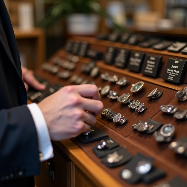 Mãos escolhendo abotoaduras personalizadas em loja