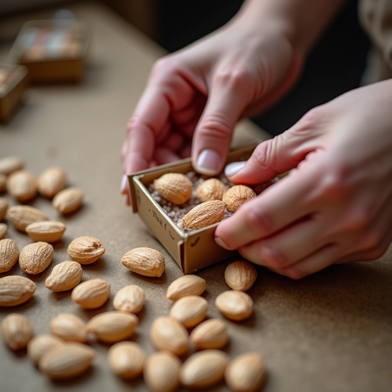 Mãos montando caixinhas e colocando amêndoas confeitadas, processo artesanal.