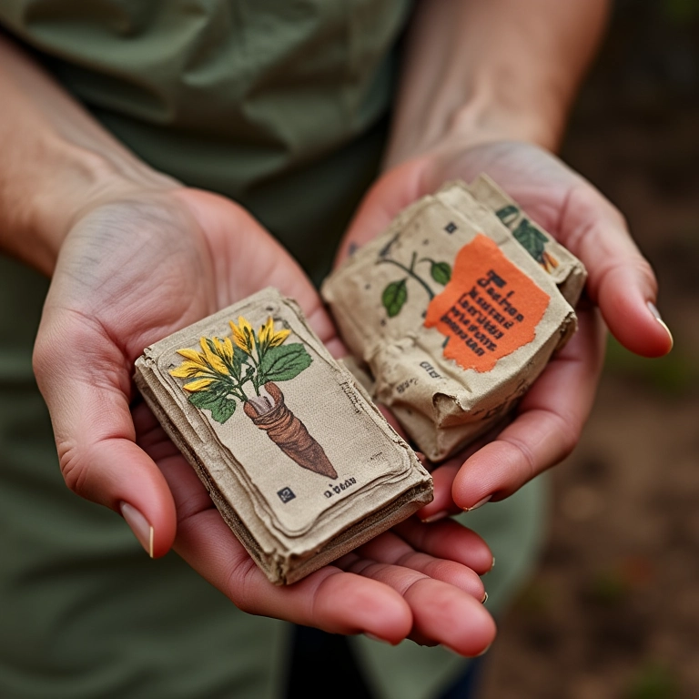 Mãos personalizando embalagens de sementes de flores.