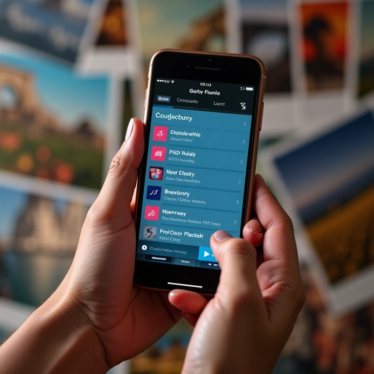 Mãos segurando celular com app de música e opções de playlist.