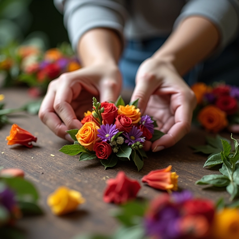 Mãos selecionando flores para criar um corsage personalizado.