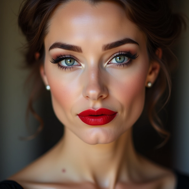 Maquiagem clássica com batom vermelho e delineador.