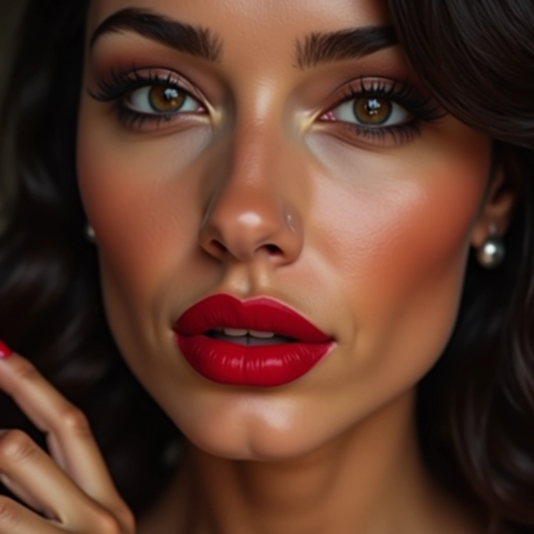Maquiagem com batom vermelho e glamour.