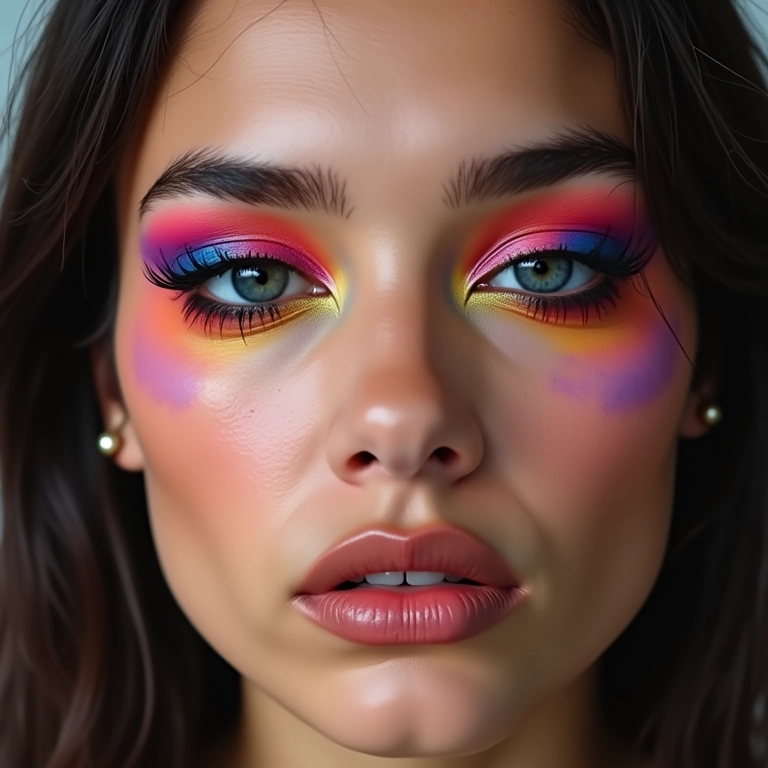 Maquiagem moderna com olhos coloridos e ousados.