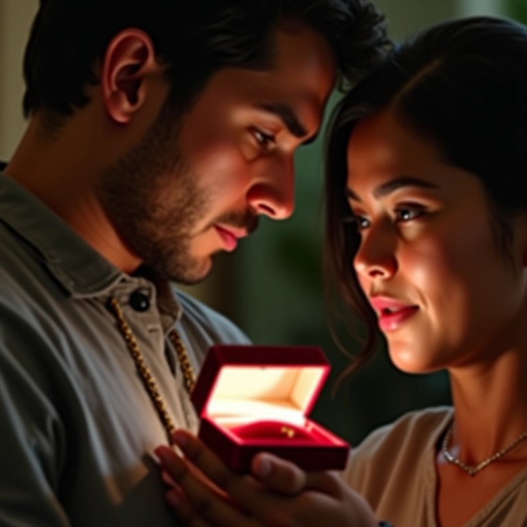 Marido presenteando esposa com joia em noite romântica.