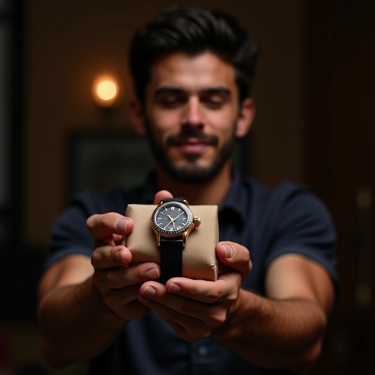 Marido presenteando esposa com relógio de luxo.