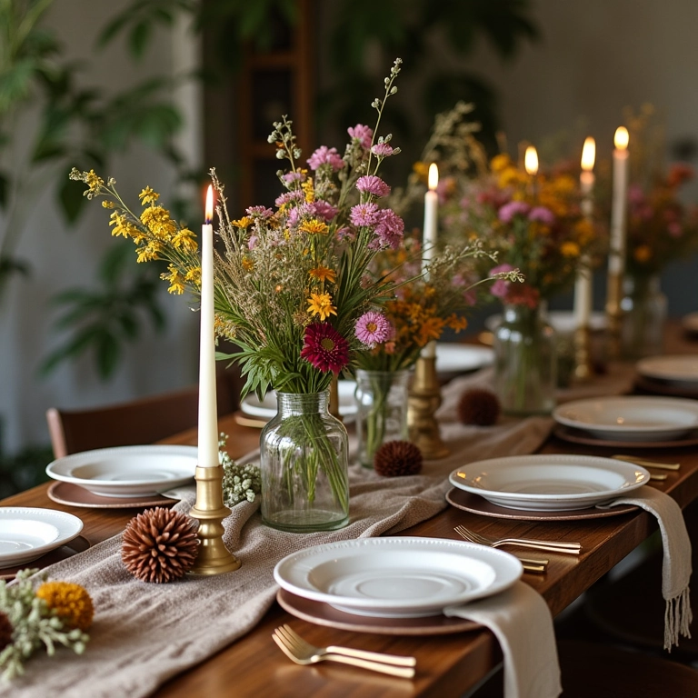 Mesa boho chic com flores silvestres e detalhes rústicos.