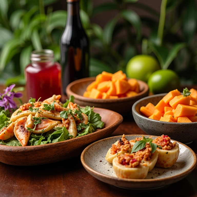 Mesa com pratos da gastronomia taitiana e frutas exóticas.