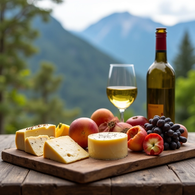 Mesa com queijos, frutas e vinhos locais para um casamento na serra.