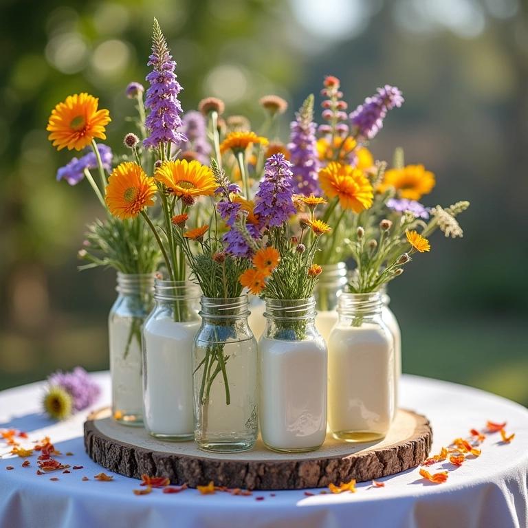 Mesa de bolo decorada com flores do campo em potes de vidro.
