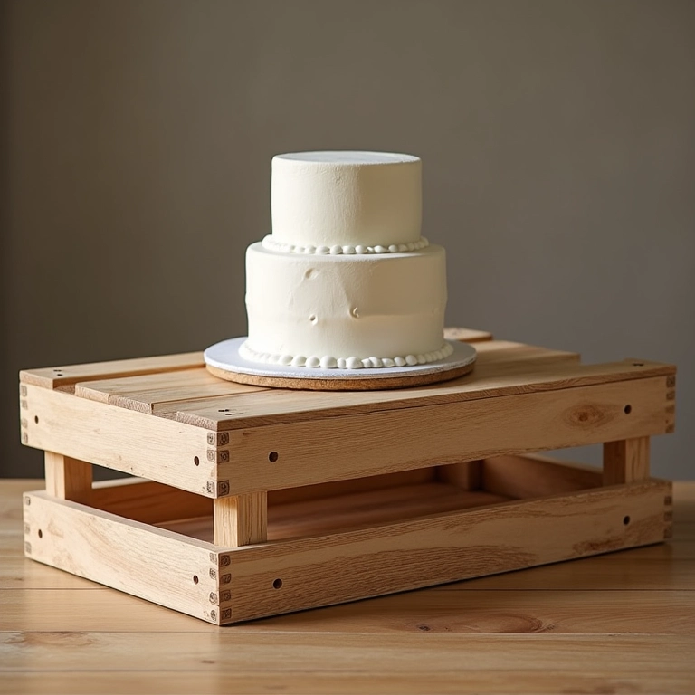 Mesa de bolo rústica com caixotes de madeira empilhados.