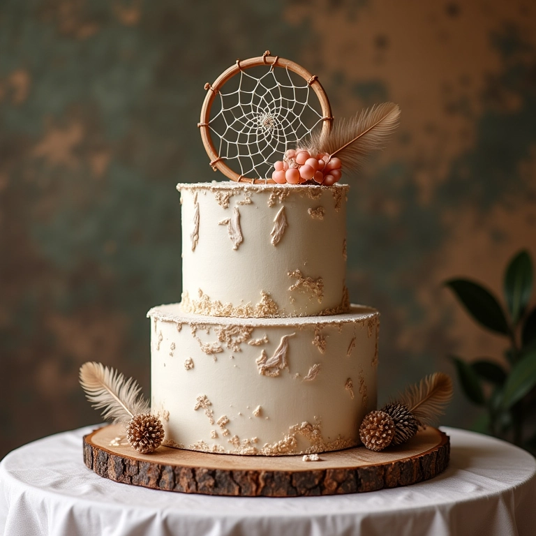 Mesa de bolo rústica com decoração boho chic e elementos naturais.