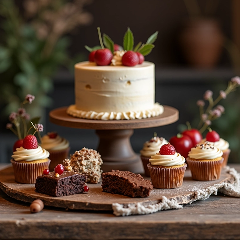 Mesa de bolo rústica com outros tipos de doces além do bolo.