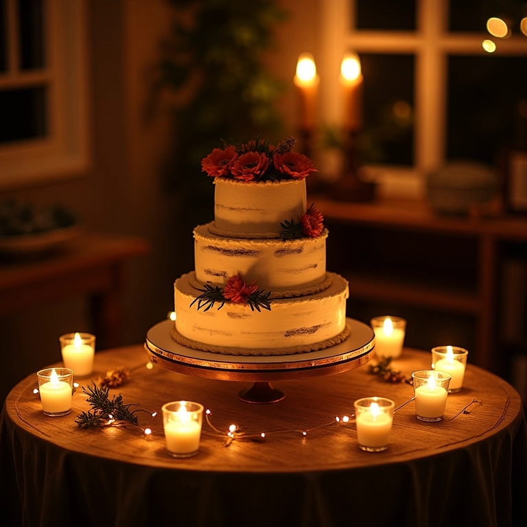 Mesa de bolo rústica iluminada com luzes e velas.