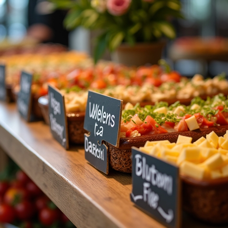 Mesa de buffet com etiquetas para opções veganas, sem glúten e sem lactose.