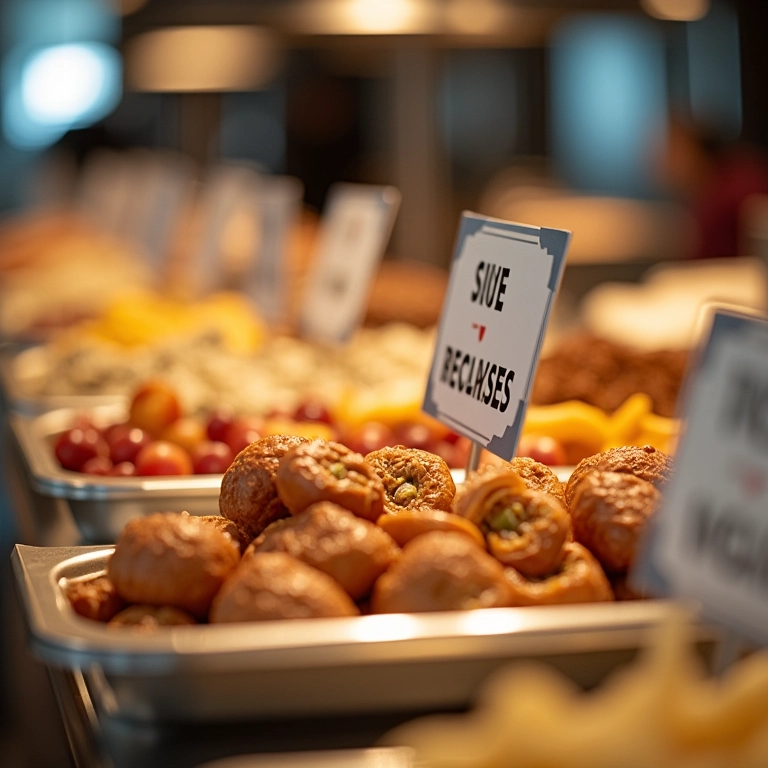 Mesa de buffet com indicações de tamanhos de porções.
