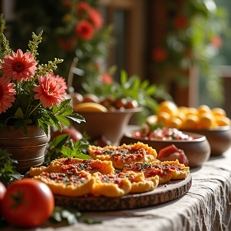 Mesa de buffet decorada com flores e elementos decorativos.