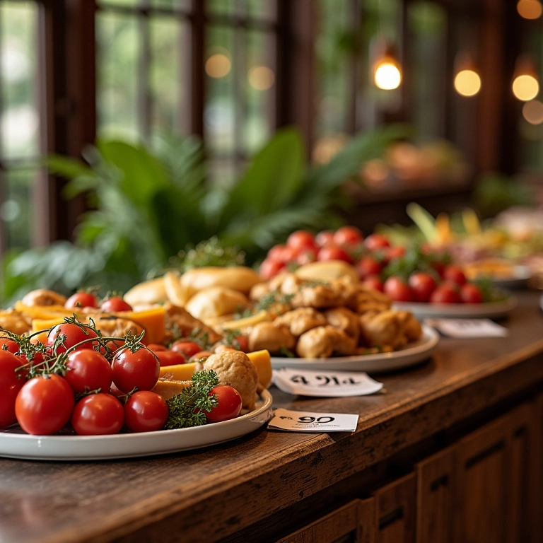 Mesa de buffet elegante com etiqueta de preço indicando economia.