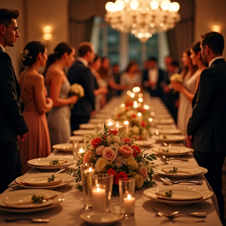 Mesa de buffet em recepção de casamento com decoração elegante.