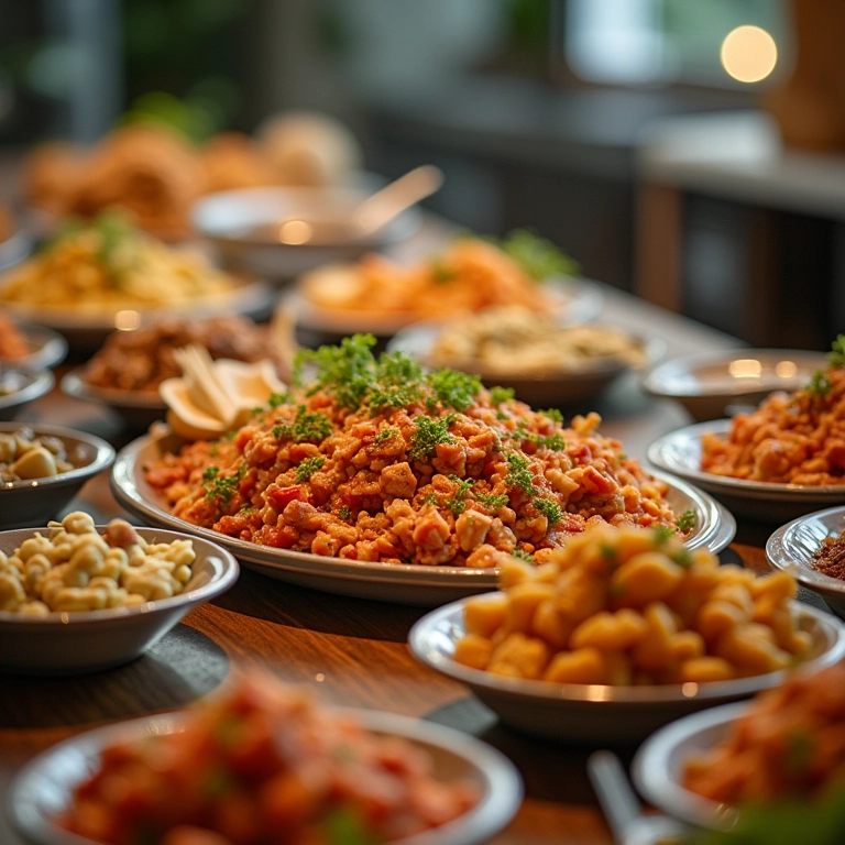 Mesa de buffet organizada estrategicamente com diversos pratos.