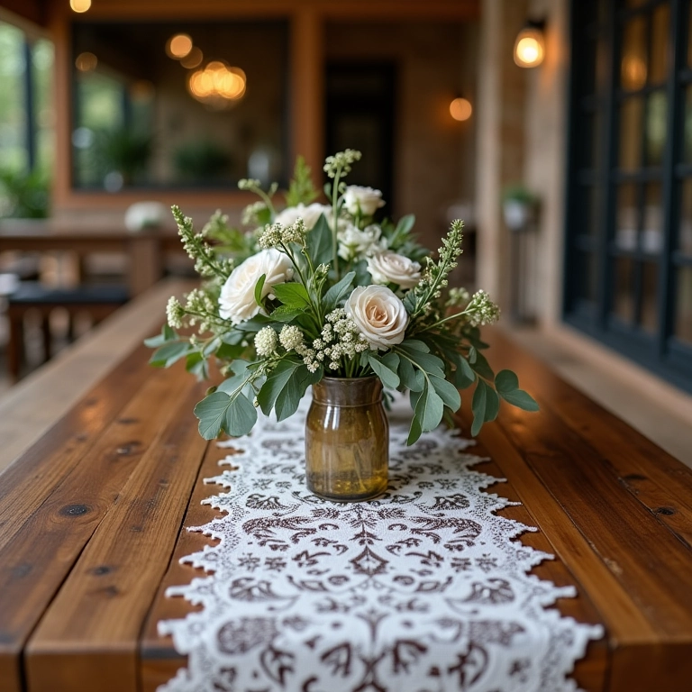 Mesa de casamento com estilo rústico moderno, destacando a escolha do tema.