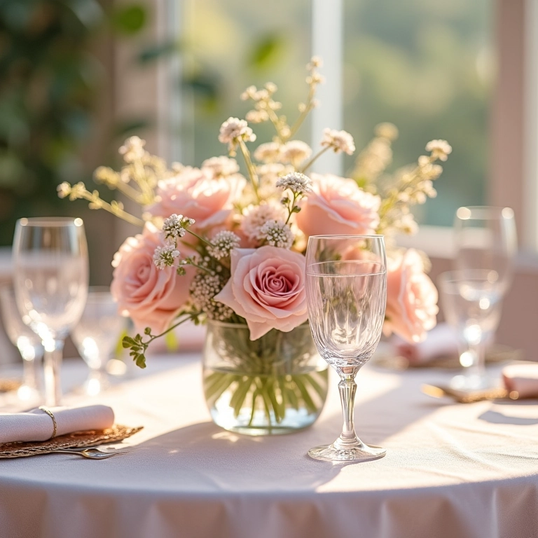 Mesa de casamento com tons pastel.