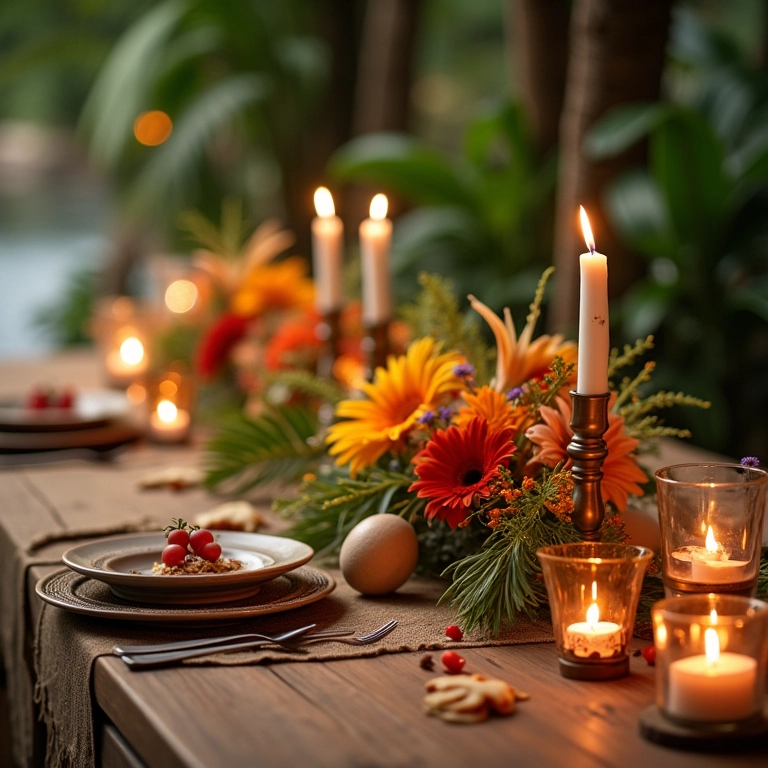 Mesa de casamento decorada com flores tropicais e artesanato taitiano.