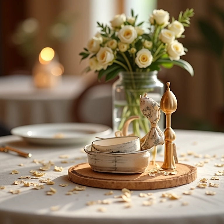 Mesa de casamento elegante com um centro de mesa representando um poço dos desejos.